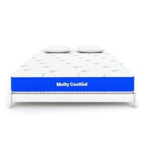 "Molty CoolGel mattress with white patterned top and bright blue side panel, placed on a minimal white bed frame with two pillows, designed for cooling comfort and restful sleep."